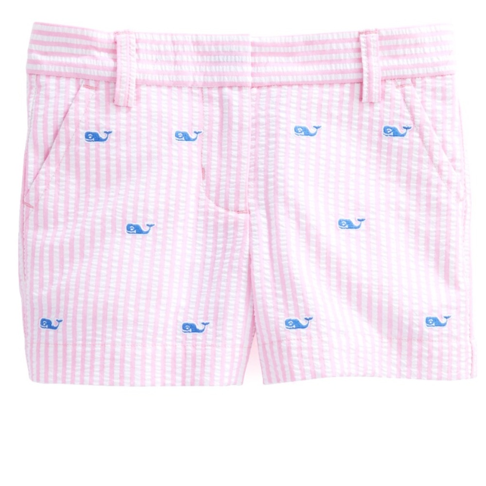 Vineyard Vines Pink Seersucker Shorts with Whale Embroidery